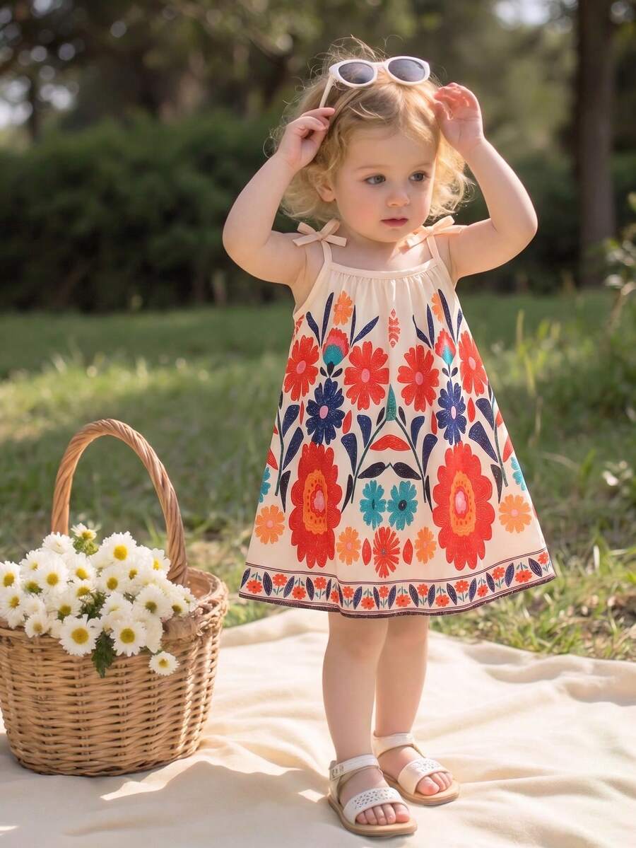 SHEIN 1件女嬰幼兒波希米亞風可愛米色夏季度假假日花卉印花無袖吊帶肩部繫帶蝴蝶結A字擺洋娃娃裙