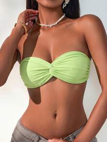 SHEIN Swim Mod Women's Solid Color Twist Ruched Bikini Top, Suitable For Summer Vacation And Beach - Green - View 5