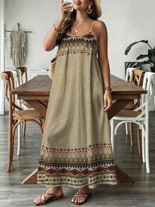 SHEIN VCAY Vestido de talla grande con patrón retro minimalista casual, adecuado para el verano - Multicolor - Ver 3