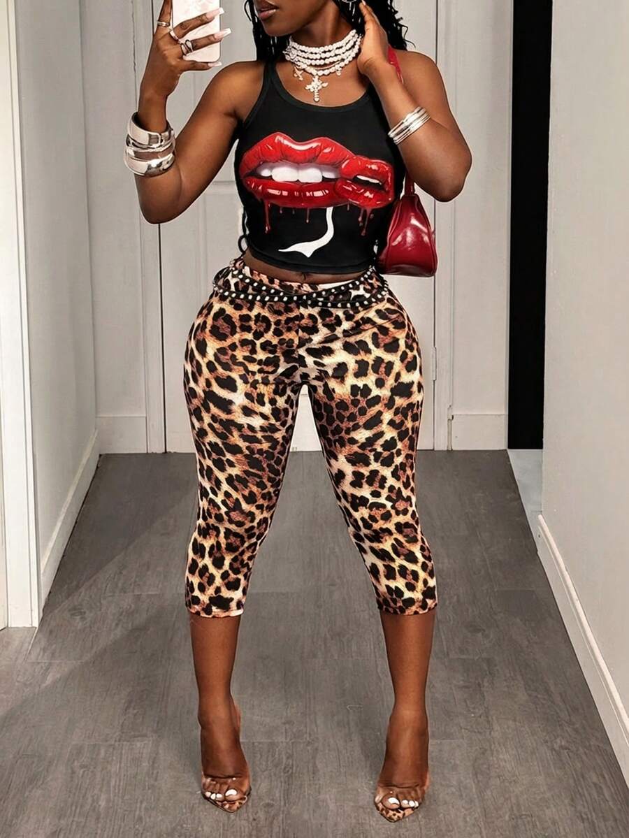 Slaydiva Primăvară/Vară Noutate Completă Casual Vacanță Croazieră Călătorie Plajă Bronzare Viral Streetwear Femei Mărime Plus 2 buc Set Spaghete Bretele Maiou cu Imprimeu Leopard și Pantaloni Capri Leopard Set Pantaloni Capri Set - Negru - Vizualizare 1
