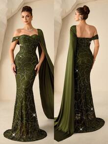 Coutiva Women's Beaded One Shoulder Ruffle Trim Mermaid Dress - Green - View 9