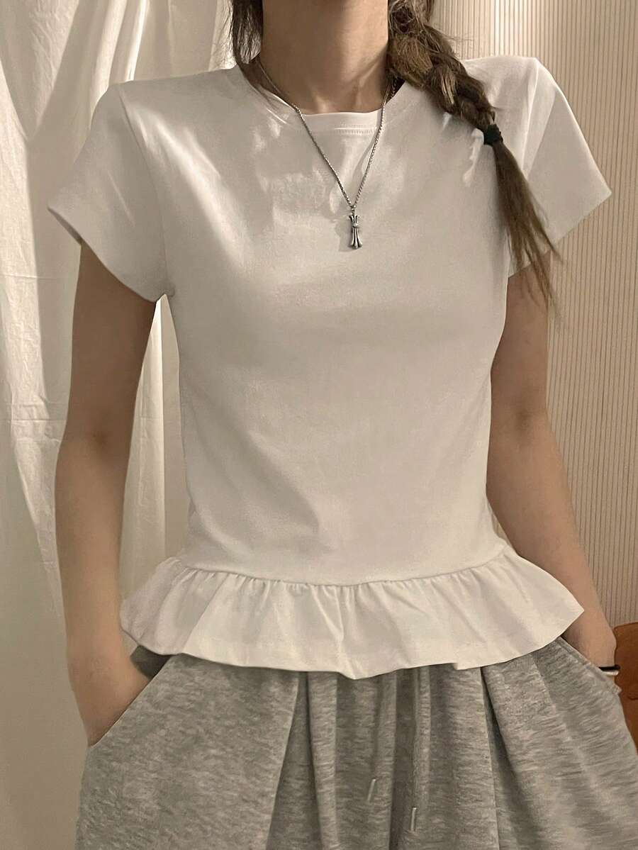 女士宽松荷叶边下摆条纹长袖T恤，简约设计 - 白色 - 查看 1