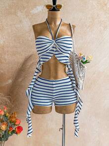 Soleia 新款蓝白条纹吊带背心和迷你裙套装，适合夏季、春季、度假、海滩、郊游，条纹两件套，女士度假两件套，夏季两件套，红白泳装，泳衣两件套，派对装，荷叶边下摆 - 彩色 - 查看 9