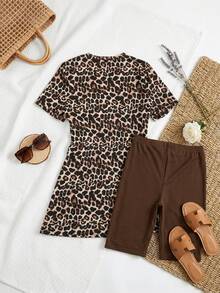 Swim Mulvari Women's Summer Vacation Casual Beach Outfit, Brown Leopard Print Split Two Pieces Bikini Set With Dress And Shorts - Multicolor - View 4