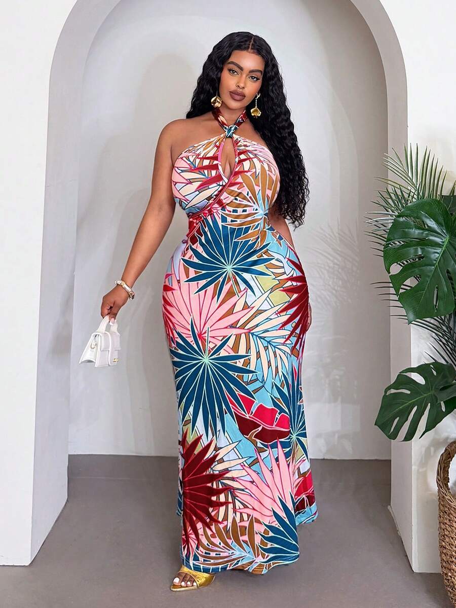 Slaydiva Plus Size Women's Sleeveless Halter Tie-Front Bodycon Maxi Dress With Tropical Plant Print, Suitable For Vacation, Casual Boho, Beach Holiday Vacation, Bonfire, Sunbathing, Resort, Cruise, Outing, Holiday, Colorful , , Elegant , Wedding Season, Bohemian, White Summer