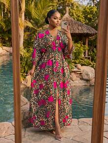 SHEIN Lady CURVE Đầm nghỉ mát xẻ tà họa tiết da báo và hoa dành cho nữ cỡ lớn - Nhiều màu - Xem 7