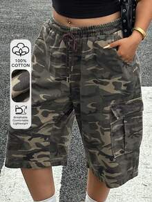 Livesso Plus Size Women Camouflage Loose Wide Leg Cropped Denim Shorts, Spring/Summer - Army Green - View 1