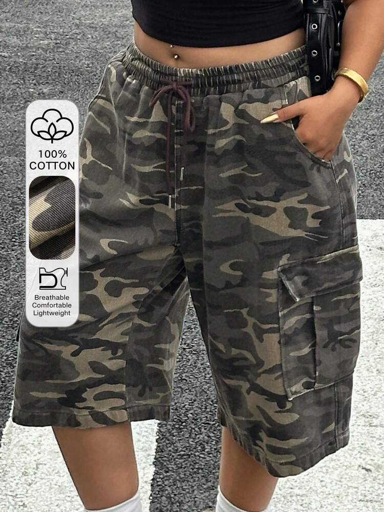 Dazy Plus Plus Size Women Camouflage Loose Wide Leg Cropped Denim Shorts, Spring/Summer
