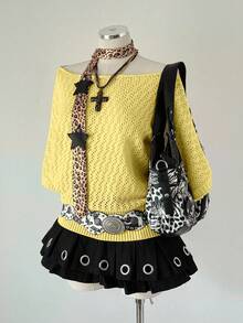 SHEIN Sweetro Áo dệt kim tay ngắn phong cách Y2K tối màu, thanh lịch, thời trang dành cho nữ cỡ lớn, phù hợp cho trang phục đi làm mùa xuân, hè, thu. - Vàng nhạt - Xem 3