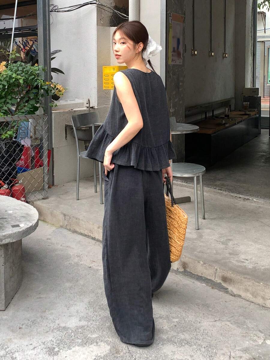 DAZY 女士纯色韩版无袖上衣和宽松阔腿裤两件套家居服套装，女士短款套装