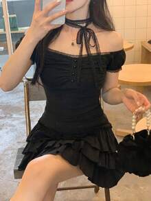 DAZY 女士优雅蕾丝系带短袖T恤，春秋季 - 黑色 - 查看 5