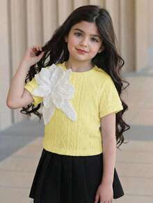 SHEIN Young Girl Solid Color Round Neck 3D Floral Casual Flowy T-Shirt Birthday Yellow Summer - Yellow - View 8