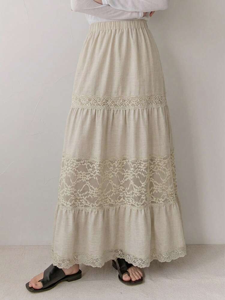 Women's Vacation Casual Solid Color Lace Patchwork Skirt Summer Boho