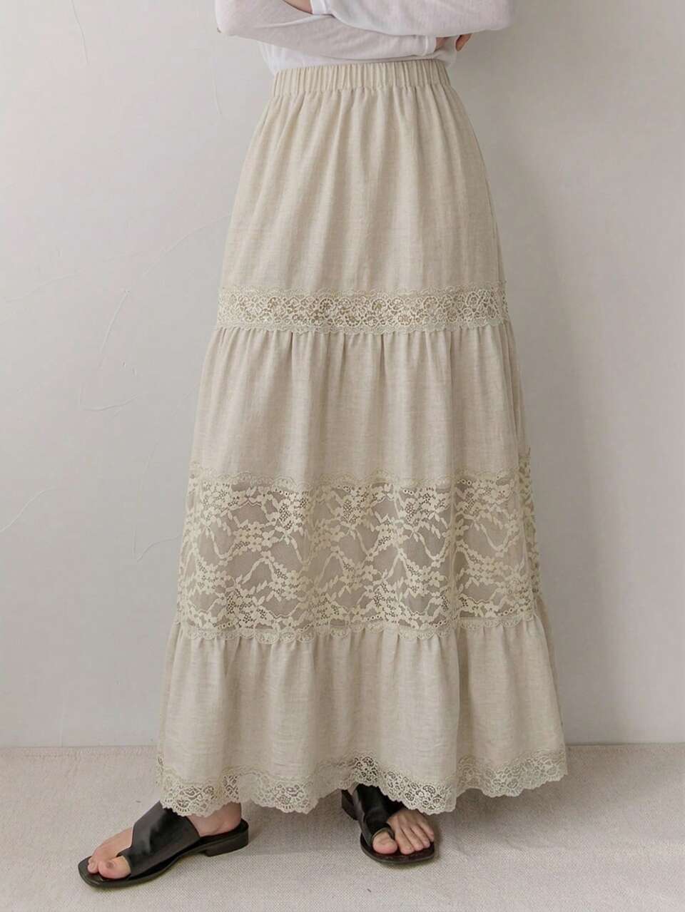 Women's Vacation Casual Solid Color Lace Patchwork Extra Long Skirt