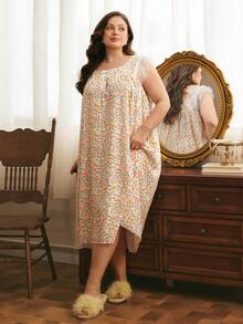 Côtesoire Plus Size Summer Comfortable Small Floral Print Bowknot Ruffle Hem Nightgown - Multicolor - View 3