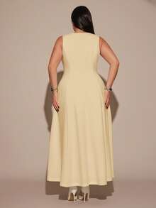 SHEIN BAE Plus Size Women's Elegant Sleeveless Dress With Boat Neck, Suitable For Autumn & Spring - Khaki - View 5