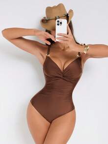 Shapewave Women's Solid Color Ruched Lace-Up One-Piece Swimsuit Holiday Beach Vacation Vacation Holiday Coffee Brown Summer Modest Tropical Elegance - Brown - View 4