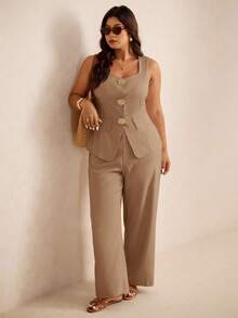 Elaquor Conjunto de dos piezas de chaleco y pantalones informales de talla grande - Marrón - Ver 5