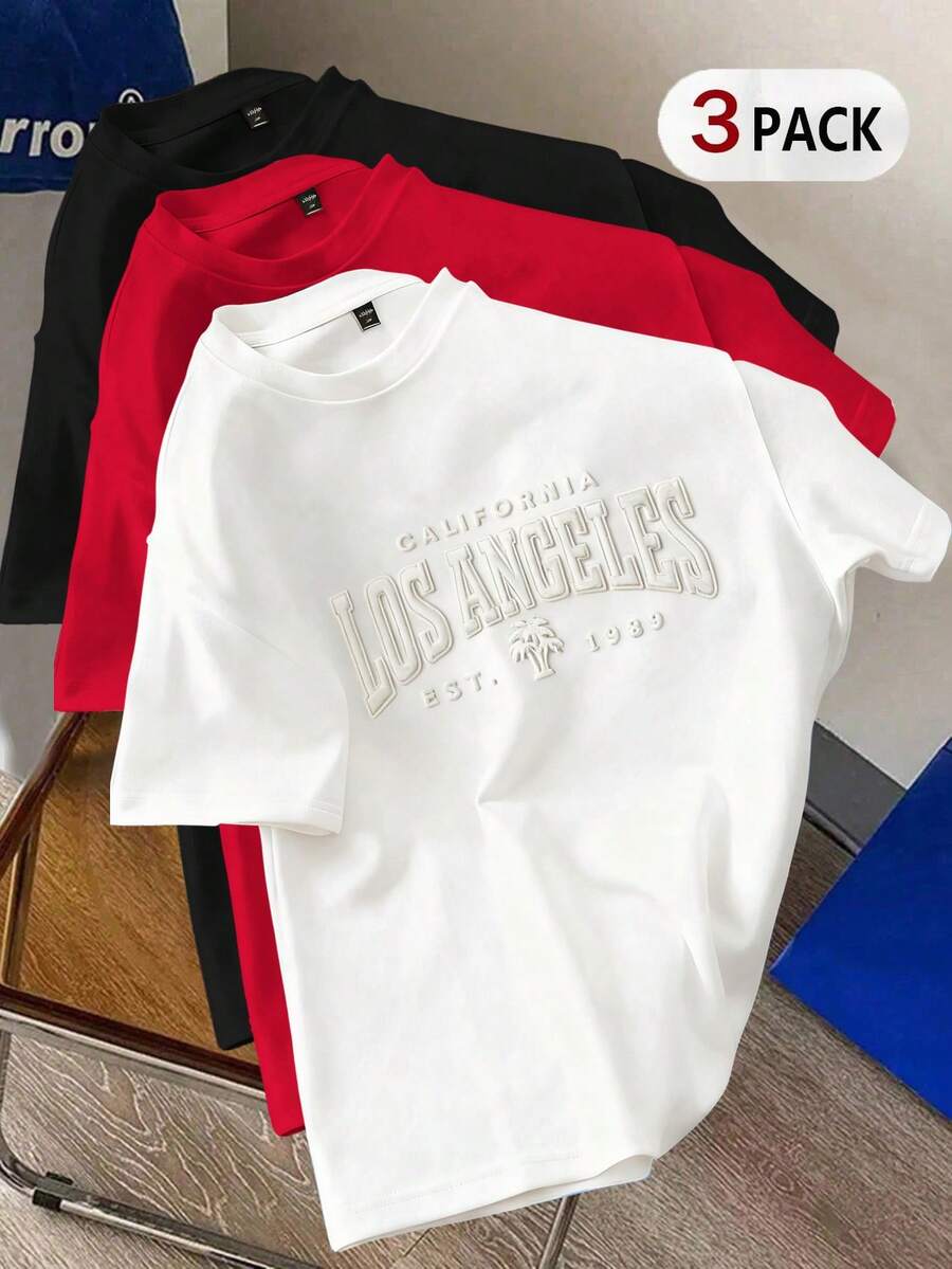 Manfinity Joysei 3pcs/Set Standard Size Men's 3D Los Angeles Graphic Black, White & Red T-Shirts, Versatile For Summer - Multicolor - View 1
