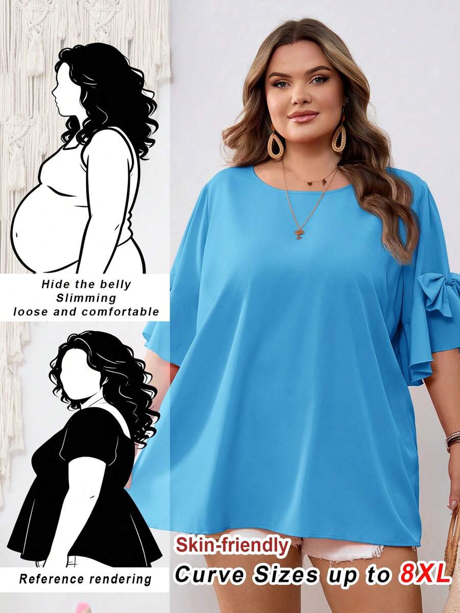 SHEIN CURVE+ Áo sơ mi nữ màu hồng cánh sen cổ tròn trang trí nơ, cỡ US22, phong cách Bohemia, thích hợp cho lễ hội âm nhạc, kỳ nghỉ bên bờ biển, mùa hè. - Màu xanh lam - Xem 1