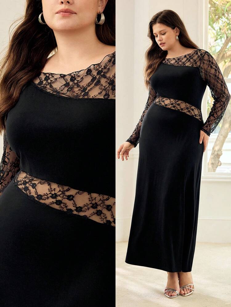 PLUS SIZE FITTED CONTRAST LACE HOLLOW-OUT LONG DRESS, SPRING/SUMMER