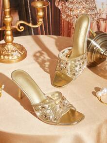 CUCCOO TILAWA Ladies Fashion Square Toe Transparent TPU Rhinestones Sexy Evening Party Party Style Simple Backspace Stiletto High Heel Sandals Summer Shoes - Gold - View 1
