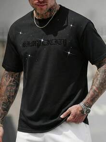 SLATEMANN Men's Black Summer Streetwear T-Shirt,Short Sleeve Round Neck Flocked Letter Rhinestone Decor,Comfortable Casual City Break Fashion Party Gift Tee - Black - View 1