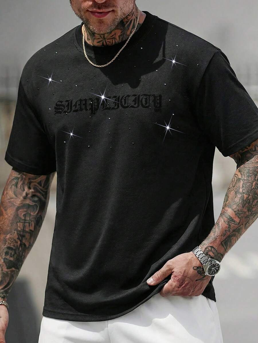 SLATEMANN Men's Black Summer Streetwear T-Shirt,Short Sleeve Round Neck Flocked Letter Rhinestone Decor,Comfortable Casual City Break Fashion Party Gift Tee - Black - View 1