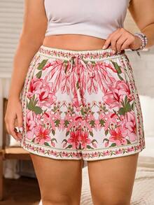 Serenescape Plus Size Romantic Floral Placement Print Red Flower Cute Print Shorts With Bow Tie Waist - Apricot - View 6