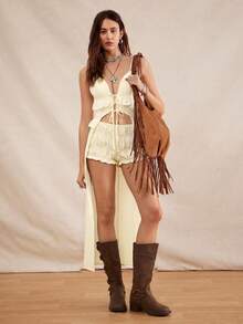 Easelle Bộ quần short cạp thấp phối ren kiểu Bohemian, phù hợp cho nữ, có thể mặc đi lễ hội âm nhạc Coachella hoặc các lễ hội âm nhạc khác, màu mơ. - Màu be - Xem 5