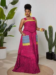 Maweii Mono de talla grande para mujer con estampado de rayas y bolsillo de color contrastante - Rosa - Ver 4