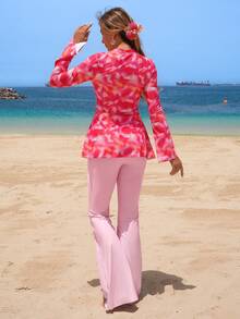 Swim Shayni 26SS 夏季海滩度假女士保守粉紫渐变长袖喇叭裤布基尼套装 - 彩色 - 查看 3