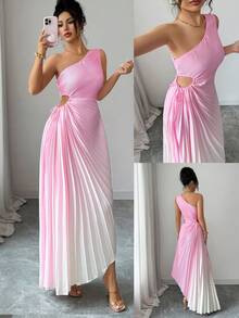 Modelyn Yellow Sleeveless Asymmetric Neck Pleated Ombre Dress For Women - Pink - View 4