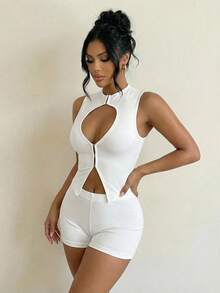Swim SXY Conjunto de 2 piezas para mujer con top de cuello redondo, abertura en el pecho y bajo asimétrico, y shorts, blanco, sexy, para fiesta, club y vacaciones, estilo boho casual, liso, a cuadros y a rayas - Blanco - Ver 5