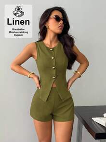 SHEIN PETITE Bộ vest nữ, thanh lịch và thoải mái. - xanh quân đội - Xem 6