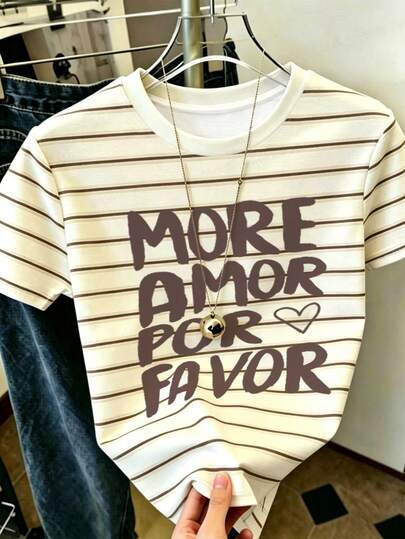 Resyla Women's Casual Striped T-Shirt, Letter Striped Print Design, Soft Round-Neck Short Sleeve Top, Suitable For Daily Wear. A Summer Essential, Fashionable And T-Shirt, Stylish T-Shirt, Suitable As A Gift For Siblings, Suitable As A Gift For Sisters, Suitable As A Gift For Moms, Mother's Day Gift, Casual Yet Stylish Top.