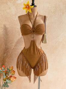 Soleia Nouvelle combinaison sexy à col ras-du-cou, taille ajourée avec franges , style bohème, romantique à fleurs, pour les vacances - Tabac - Voir 6