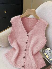 SHEIN Franclia Áo dệt kim cổ chữ V không tay dáng rộng màu mơ, viền ren, thích hợp cho nữ, mùa xuân/hè. - Hồng - Xem 5