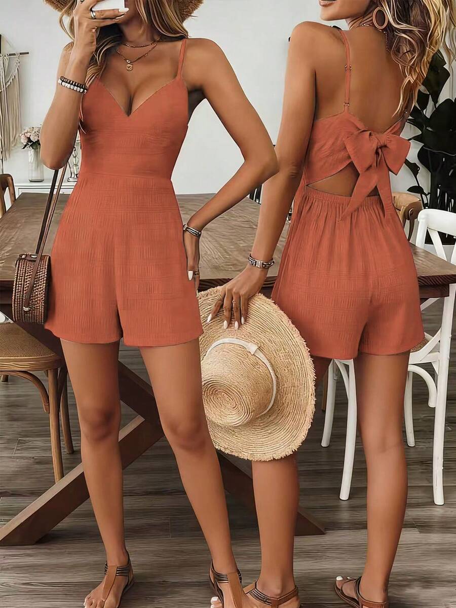 Breezaya Bộ áo liền quần nữ mùa hè mới, không tay, thắt eo, màu trơn, phong cách đồng quê cổ điển với nơ xinh xắn phía sau. - màu nâu - Xem 1
