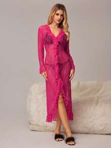 HautHeat Women's Summer Sheer Lace Ruffle Hem Slit Dress Nightgown - Light Grey - View 4