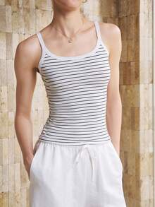 Airaco Women's Striped Print Casual Minimalist Summer Tank Top T-Shirt - White - View 6