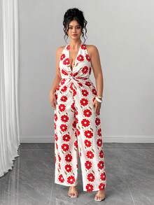 SHEIN Clasi Mono de pierna ancha con cuello en V profundo y cintura con nudo, adecuado para trabajo, citas diarias, primavera/verano, tallas grandes para mujeres - Rojo - Ver 4