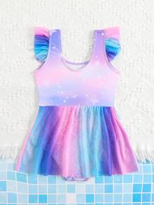 SHEIN Playful Pals 小女孩卡通印花荷叶边渐变连体泳衣 - 彩色 - 查看 2