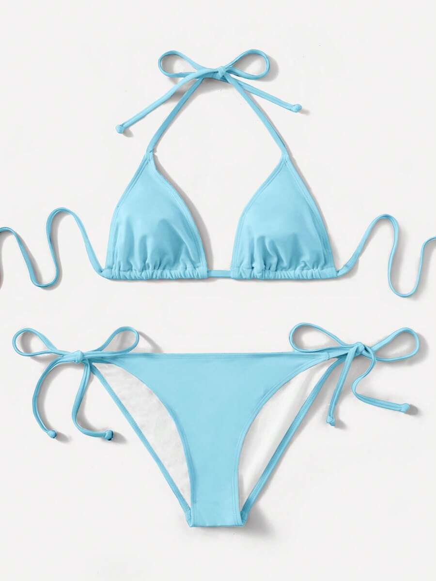 Swim Basics 女士纯色挂脖比基尼套装,适合夏季海滩度假 - 霧霾藍 - 查看 1