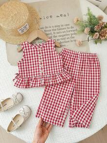 SHEIN LMoss Kids 女婴条纹圆领上衣和宽松休闲裤两件套 - 彩色 - 查看 4