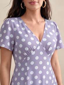 Juhart Large Polka Dot Deep V-Neck Ruffle Sleeve Vacation Dress - Mauve Purple - View 8