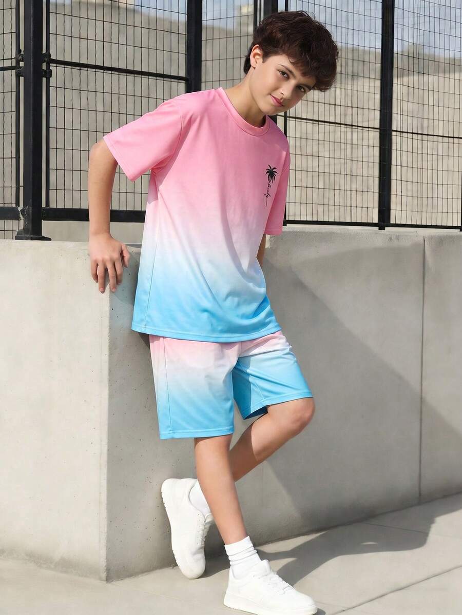 Teenage Boys' Palm Tree Print T-Shirt & Matching Shorts Set, Tropical Vibe, Casual Everyday Outdoor Sports Outfit, Spring/Summer - Pink - View 1