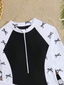 SHEIN Bộ đồ bơi liền thân dài tay có khóa kéo, màu đen trắng cổ điển, kín đáo dành cho nữ tuổi teen, kèm quần short, thời trang thanh lịch, phù hợp cho bơi lội, kỳ nghỉ hè, bãi biển, hồ bơi. - Đen và trắng - Xem 3