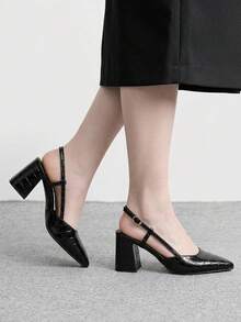 CUCCOO BIZCHIC 女士高跟鞋后系带粗跟PU皮通勤优雅基础款假日度假户外鞋 - 馬斯黑 - 查看 3