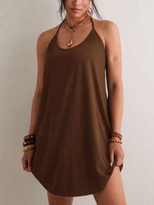 Freevana Plus Size Solid Color Spaghetti Strap Backless Casual Loose Summer Dress - Coffee Brown - View 4